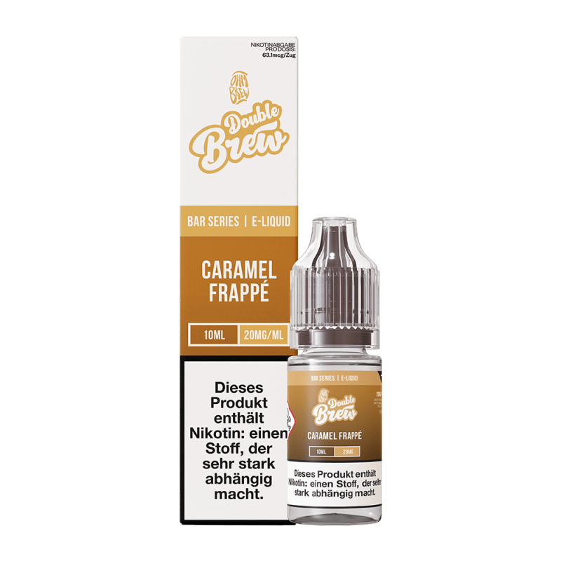 Double Brew Caramel Frappe 10ml Nikotinsalz-Liquid – goldfarbene Flasche mit beiger Verpackung