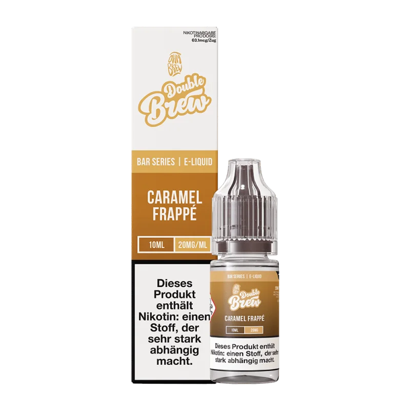 Double Brew Caramel Frappe 10ml Nikotinsalz-Liquid – goldfarbene Flasche mit beiger Verpackung
