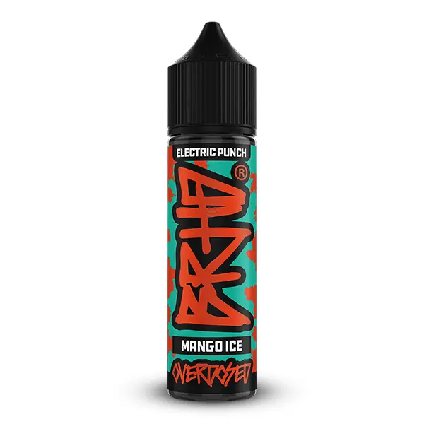 brhd-electric-punch-mango-ice-2.jpg Barehead Electric Punch Mango Ice Longfill 20ml Flasche, seitliche Ansicht mit türkis-orangem Etikett