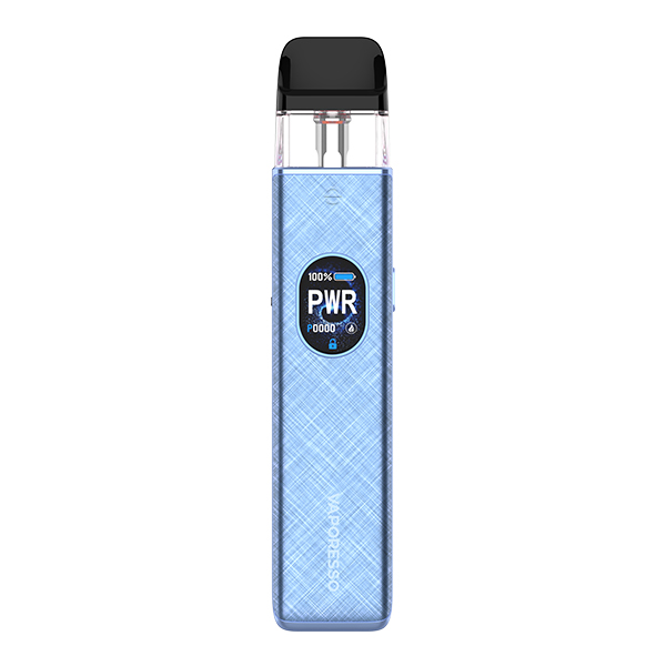 Vaporesso Xros 5 Pod Kit in Hellblau mit Rautenmuster, Display und schwarzem Mundstück
