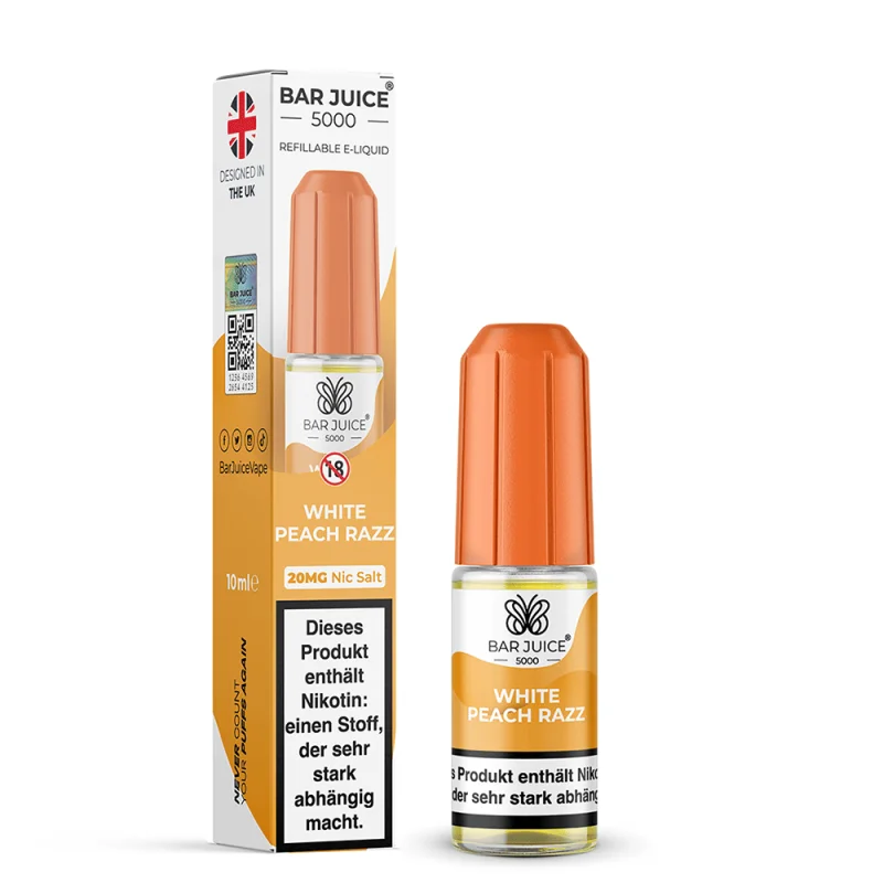 BAJ215_800x800.png?ts=1763984441 Bar Juice 5000 White Peach Razz Nikotinsalz-Liquid 10ml – orangefarbene Flasche neben Einweg-Vape und Karton