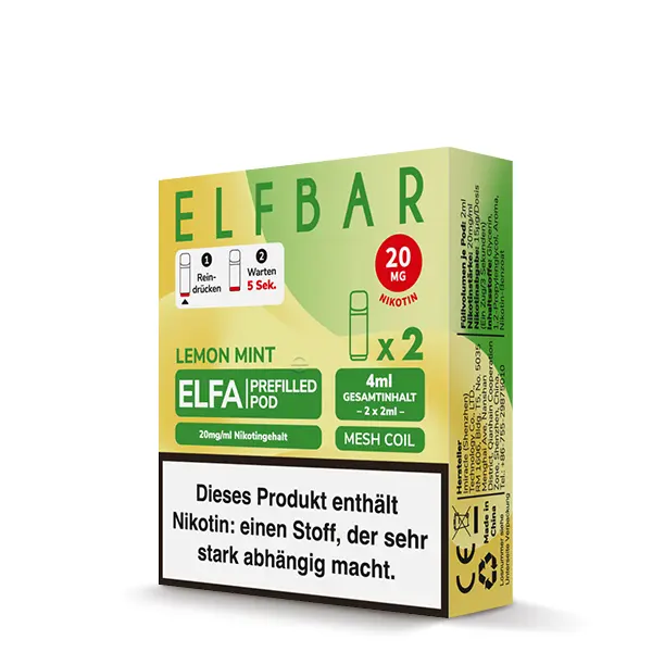 elfbar-elfa-lemon-mint-2G0QZjGBTx5W2O.jpg Elfbar Elfa Prefilled Pod Lemon Mint 20mg/ml, grüne Doppelpack-Verpackung mit zwei Pods