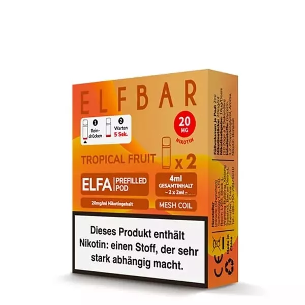 Elfbar Elfa Prefilled Pod Tropical Fruit 20mg/ml, 2er-Pack in orangefarbener Verpackung mit Produktinformationen