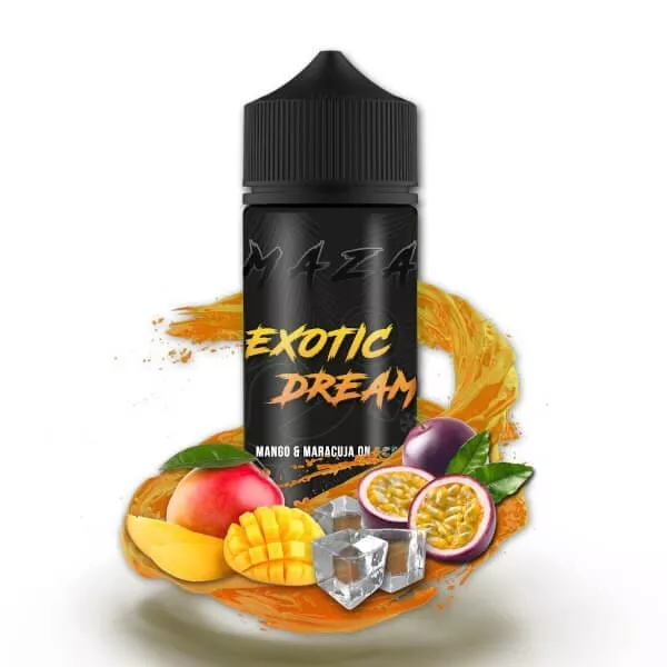 MaZa Exotic Dream Longfill 100ml Flasche mit Mango-Maracuja-Motiv und Eiswürfeln