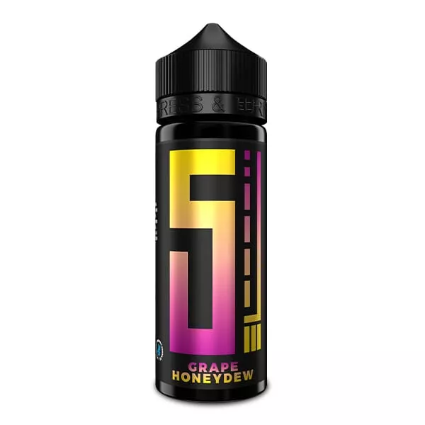 5 Elements Grape Honeydew Longfill 120ml Flasche vor schwarzem Hintergrund, pinkes Etikett
