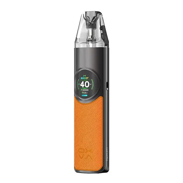 Oxva NeXlim Pod Kit in Orange mit rundem Display und transparentem Pod, Frontansicht