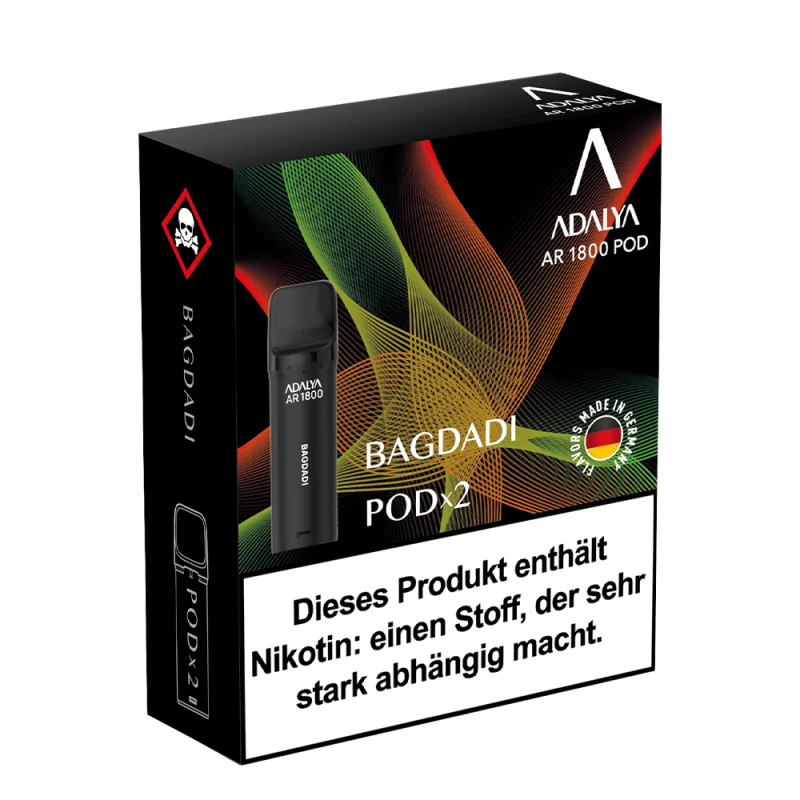 Adalya AR1800 Prefilled Pod Bagdadi – dunkle Verpackung mit 2 Pods, grün-rote Akzente