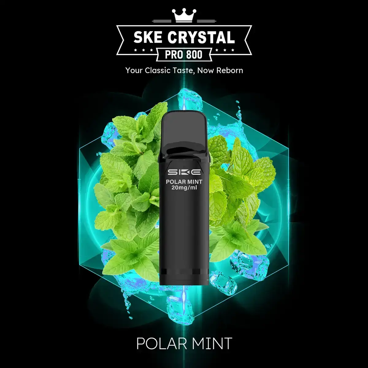 SKE Crystal 800 Pro Pod in Schwarz vor mintgrünem Minze-Hintergrund – Polar Mint