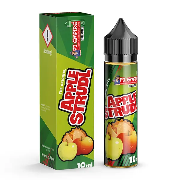 PJ Empire Apple Strudl Longfill 10 ml Flasche mit grün-roter Verpackung und Apfel-Strudel-Motiv, Frontalansicht