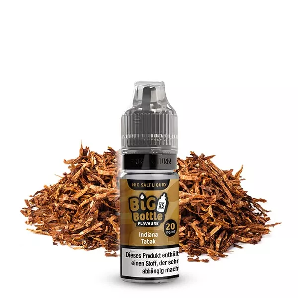 Big Bottle Indiana Tabak Nikotinsalz-Liquid 10ml, Flasche mit goldfarbenem Etikett, umgeben von Tabakblättern