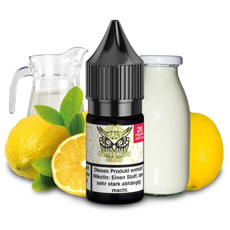 OWL Buttermilch Zitrone 10ml Nikotinsalz-Liquid – Flasche mit Zitronen und Milchkrug im Hintergrund