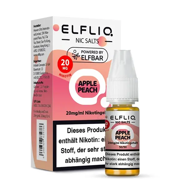Elfliq Apple Peach 20mg Nikotinsalz-Liquid 10ml – Flasche mit Verpackungsbox, Frontansicht