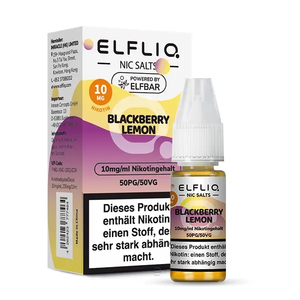 source713032.jpg Elfliq Blackberry Lemon Nikotinsalz-Liquid 10ml von Elfbar – Verpackung mit Flasche, 10mg Stärke