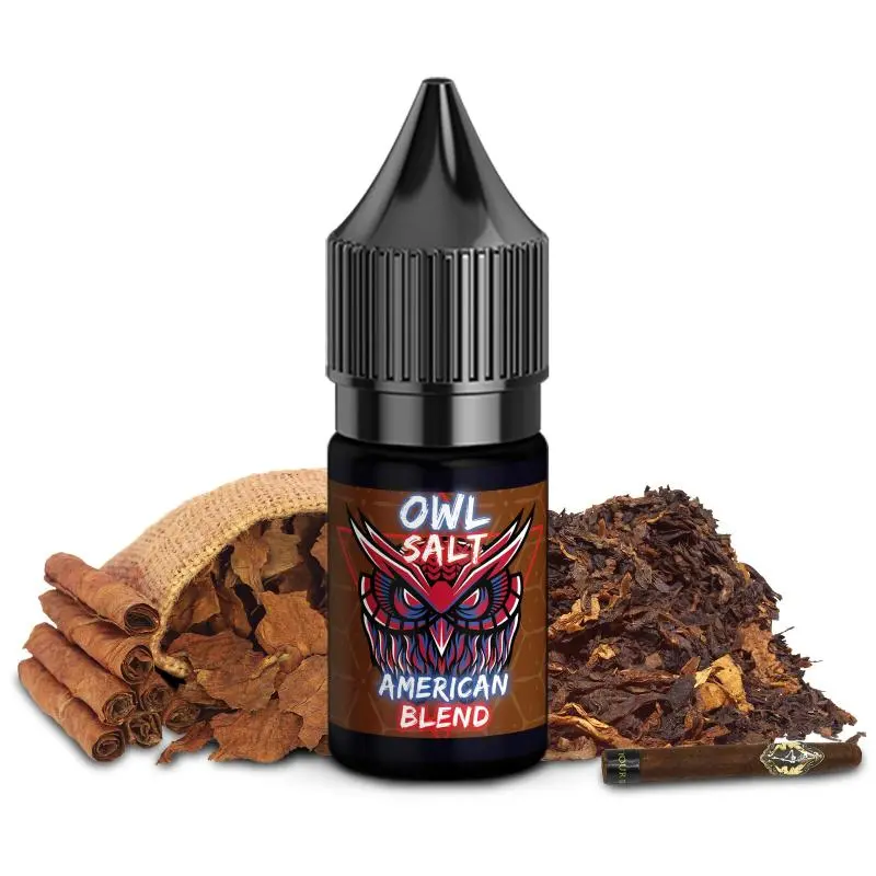 OWL Salt American Blend 10ml Nikotinsalz-Liquid, schwarze Flasche, Tabak und Zimtstangen im Hintergrund