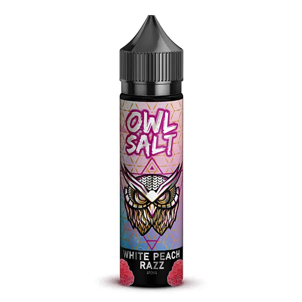 OWL Salt White Peach Razz Longfill 60ml Flasche, Eule-Logo auf violett-rosafarbenem Hintergrund