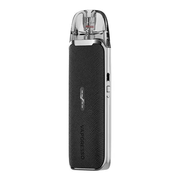 Vaporesso Luxe Q3 Pod Kit in Schwarz mit strukturierter Lederoptik und transparentem Pod, Frontansicht