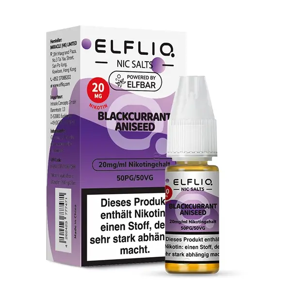 Elfliq Blackcurrant Aniseed 10ml Nikotinsalz-Liquid 20mg – Frontansicht der Flasche mit lila Etikett