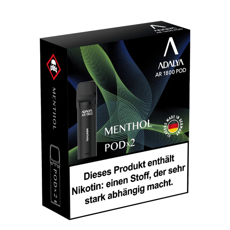 Adalya AR1800 Prefilled Pod Menthol – dunkle Verpackung mit grünem Design, 2er-Pack