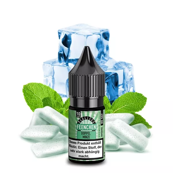 source738372.jpg Nebelfee Doppel Minze Feenchen 10ml Nikotinsalz-Liquid Flasche mit Eiswürfeln und Minzblättern im Hintergrund