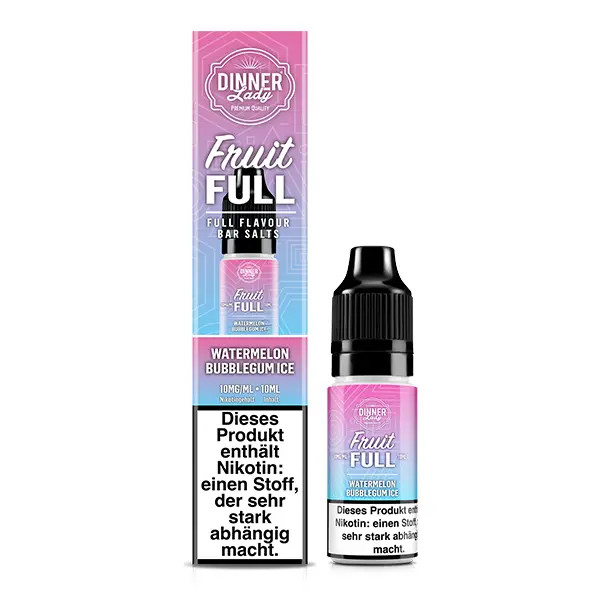 dinner-lady-fruit-full-watermelon-bubblegum-nikotinsalz-2.jpg Dinner Lady Fruit Full Watermelon Bubblegum Ice 10ml Nikotinsalz-Liquid Flasche und Verpackungskarton in Rosa-Blau
