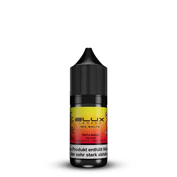 Elux Triple Mango Nikotinsalz-Liquid 10ml, schwarze Flasche mit rot-gelbem Farbverlauf-Etikett, Einzelfoto