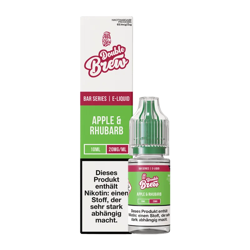 Double Brew Apple Rhubarb 10ml Nikotinsalz-Liquid – pink-grüne Flasche neben Produktkarton