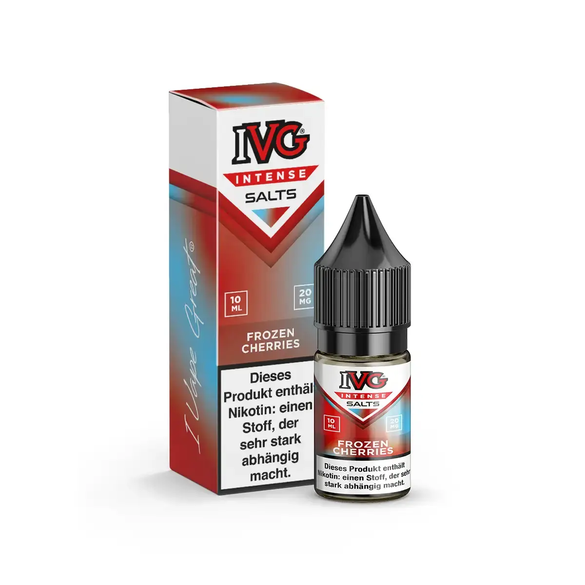 IVG Intense Salts Frozen Cherries 10ml Nikotinsalz-Liquid – rote Flasche neben Verpackung