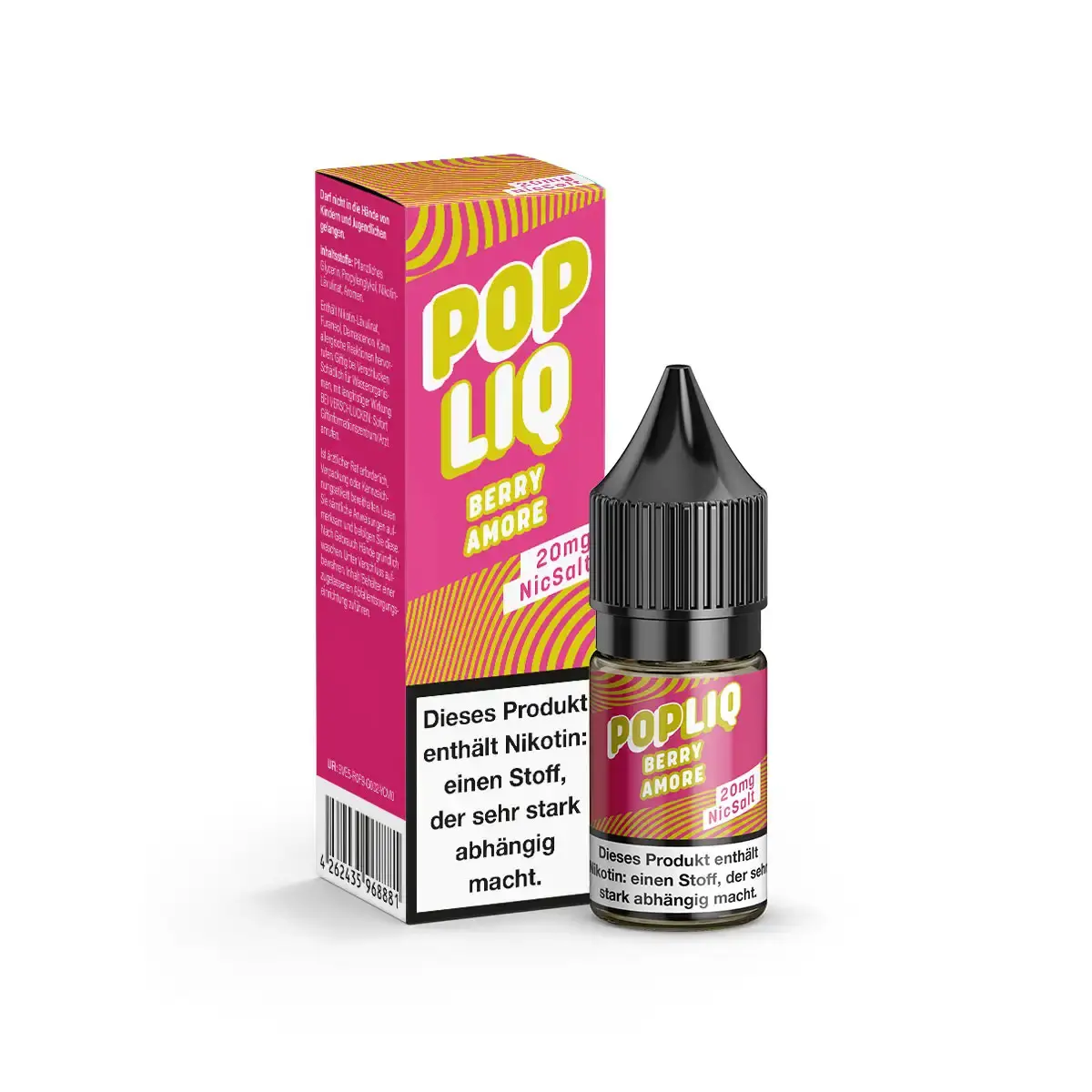 PopLiq Berry Amore 10ml Nikotinsalz-Liquid – Flasche mit pink-orangefarbener Verpackung