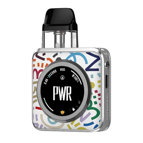 vaporesso-xros-5-nano-3.jpg Vaporesso XROS 5 Nano Pod Kit in buntem Graffiti-Design mit weißem Hintergrund und PWR-Display