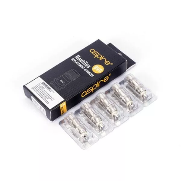 source509113.jpg 5x Aspire Nautilus BVC Verdampferkopf, schwarze Verpackung mit fünf silbernen Coils