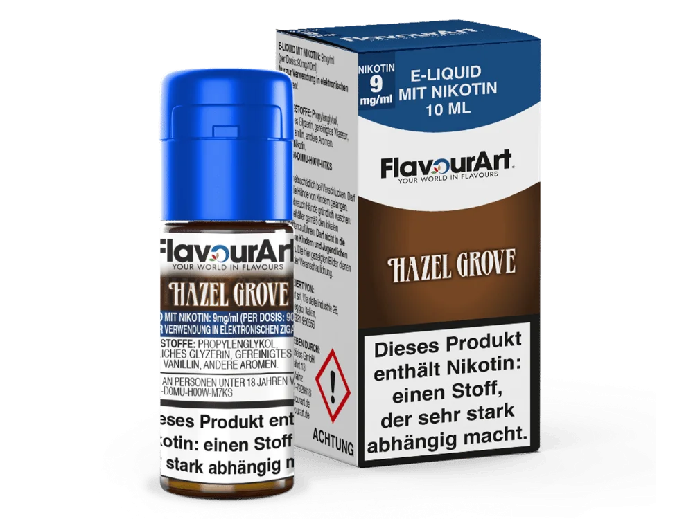 FlavourArt_Liquid_Hazel_Grove_9_mg_Flasche_Packung_1000x750.png FlavourArt Hazel Grove 10ml Liquid 9 mg – dunkelbraune Flasche mit Schachtel, Nuss-Tabak-Aroma