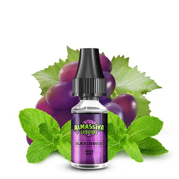 Al Massiva Black Lebanese 10ml Nikotinsalz-Liquid Flasche mit lila Trauben und Minzblättern