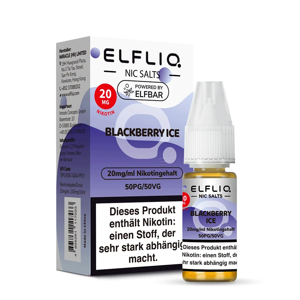 Elfbar Elfliq Blackberry Ice 10ml Nikotinsalz-Liquid, lila Flasche mit weißem Label, 20mg, Frontansicht