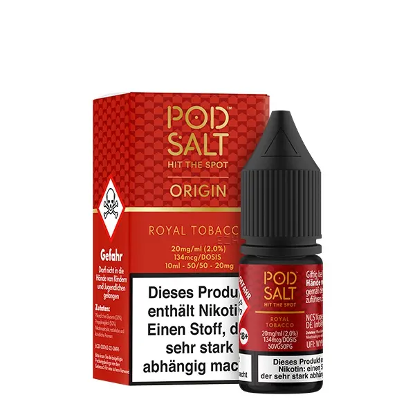 source921119.jpg PodSalt Origin Royal Tobacco 10ml Nikotinsalz-Liquid – rote Verpackung und Flasche mit Warnhinweis
