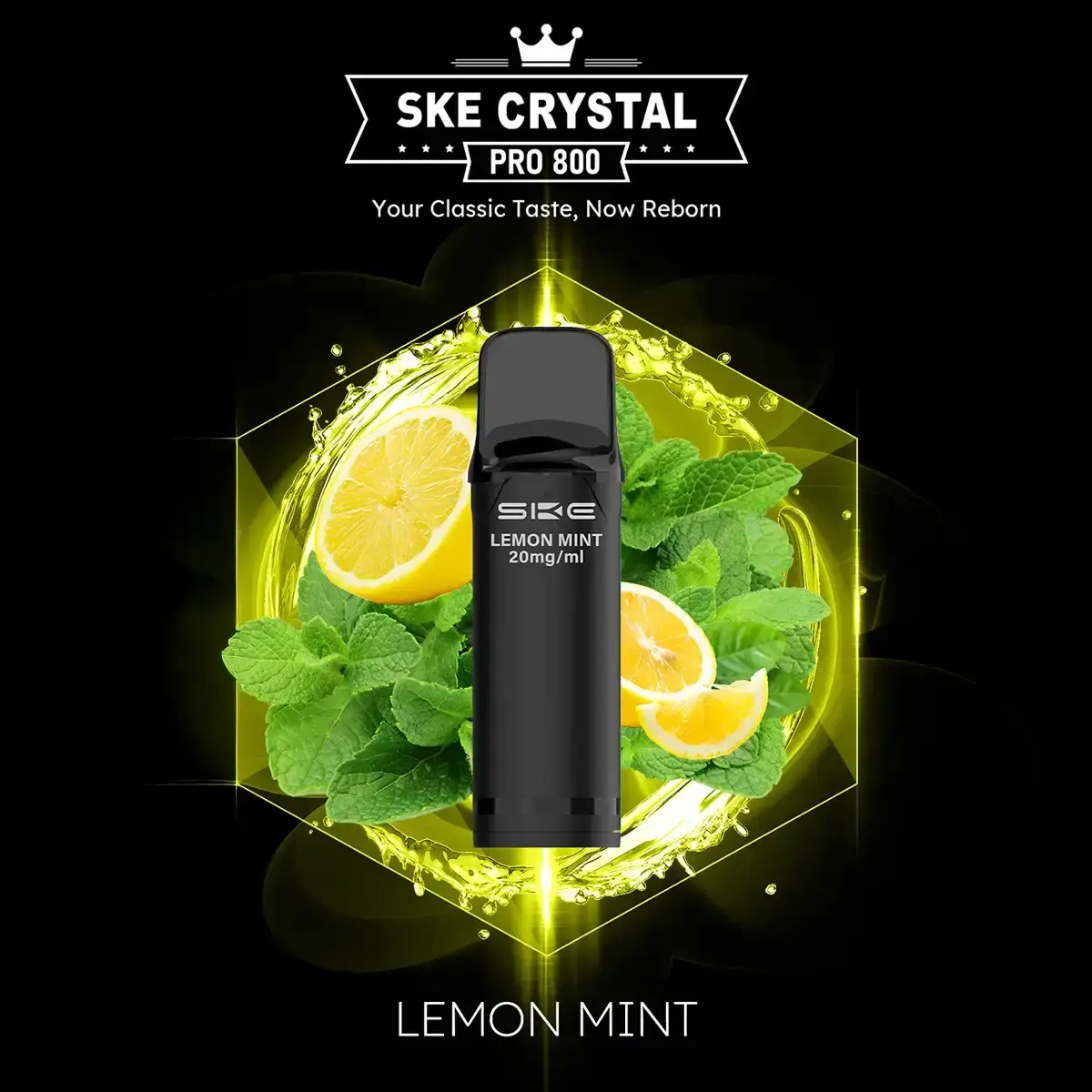 SKE Crystal 800 Pro Prefilled Pod Lemon Mint – schwarzer Pod mit Zitronen und Minzblättern, Produktbild