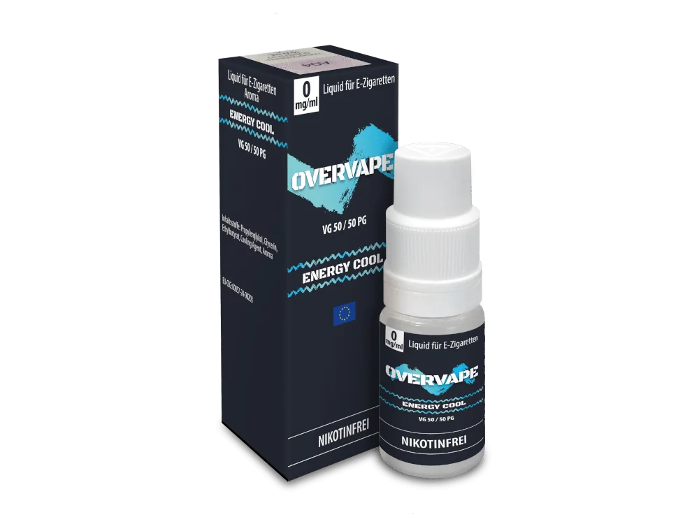 Overvape Energy Cool Nikotinsalz-Liquid 10ml – Flasche und dunkle Box in Nahaufnahme, türkis-blaues Design