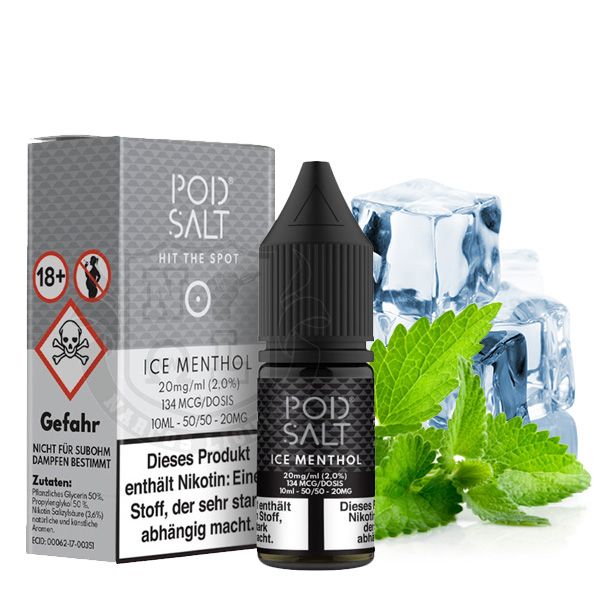 PodSalt Ice Menthol Nikotinsalz-Liquid 10ml Flasche mit Eiswürfeln und Minze im Hintergrund