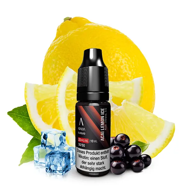 Adalya Acai Lemon Ice 10ml Nikotinsalz-Liquid – Flasche mit rotem Label, Zitrone und schwarzen Beeren