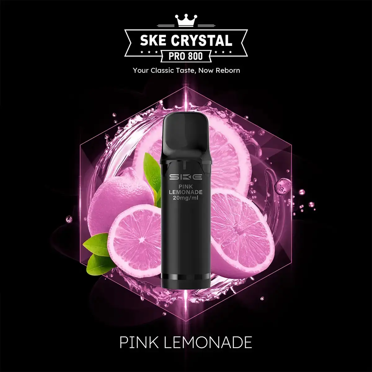 SKE Crystal 800 Pro Pod in Schwarz vor pinkem Zitronenlimonade-Hintergrund – Pink Lemonade