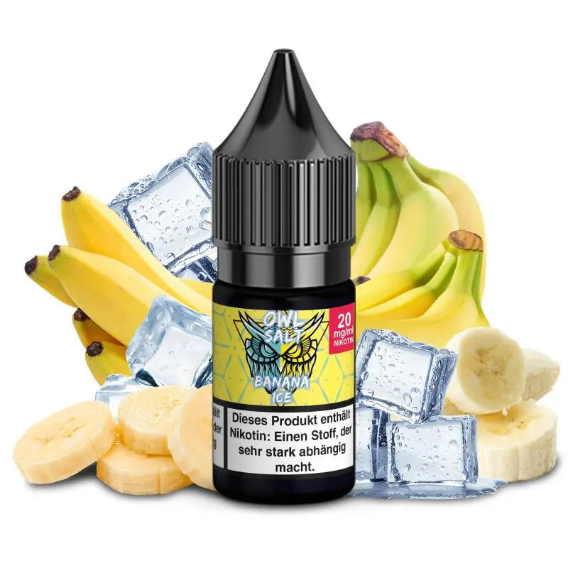 source87072.jpg OWL Banana Ice 10ml Nikotinsalz-Liquid Flasche mit rotem Nikotingehalt-Etikett, Bananen und Eis