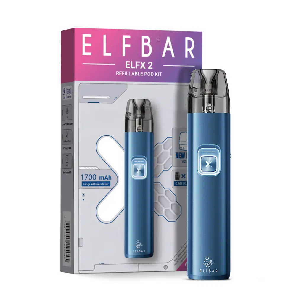elfbar-elfx-2-ocean-blue-2.jpg Elfbar ELFX 2 Refillable Kit in Blau mit Pod-System, Verpackung und Gerät nebeneinander