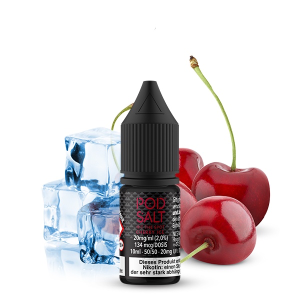 PodSalt Cherry Ice 10ml Nikotinsalz-Liquid – schwarze Flasche mit roten Kirschen und Eiswürfeln