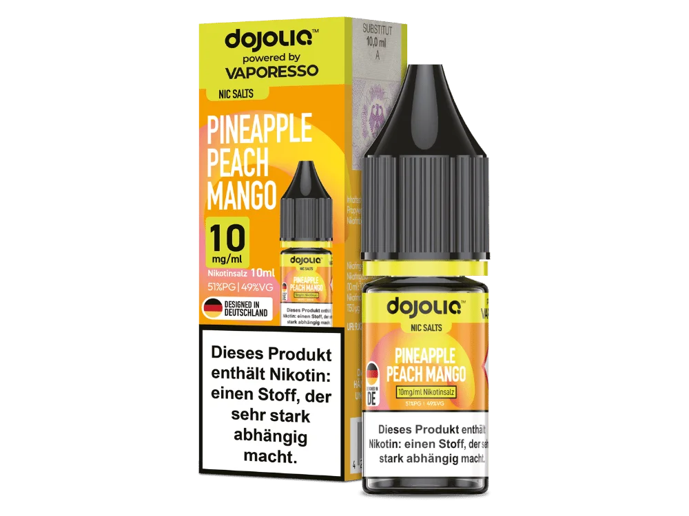 Dojoliq_Pineapple_Peach_Mango_10mg_1000x750.png Dojoliq Pineapple Peach Mango 10ml Nikotinsalz-Liquid von Vaporesso – gelb-oranges Fläschchen mit Produktkarte