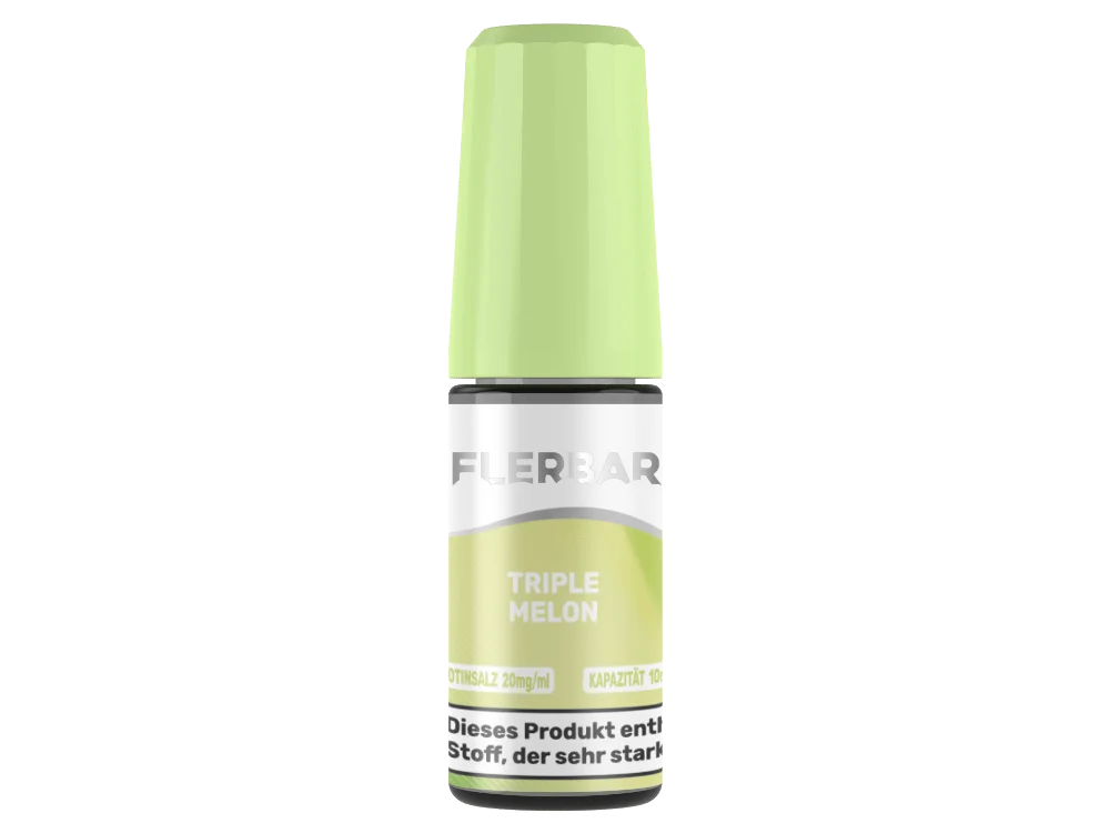 Flerbar Triple Melon 10ml Nikotinsalz-Liquid in hellgrüner Flasche, leicht gedrehte Ansicht
