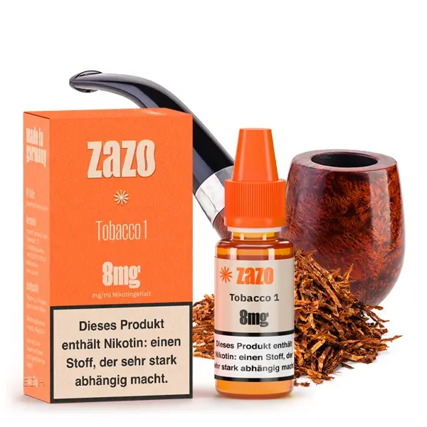 ZAZO Classics Tobacco 1 8mg eLiquid – orange Verpackung mit Flasche, Tabakpfeife und Blättern im Hintergrund