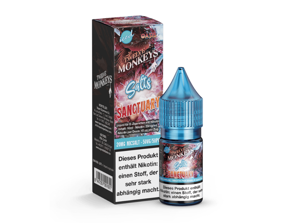 Twelve Monkeys Iced Salts Sanctuary 10ml Nikotinsalz-Liquid – Fläschchen mit roter Verpackung und Eis-Schriftzug
