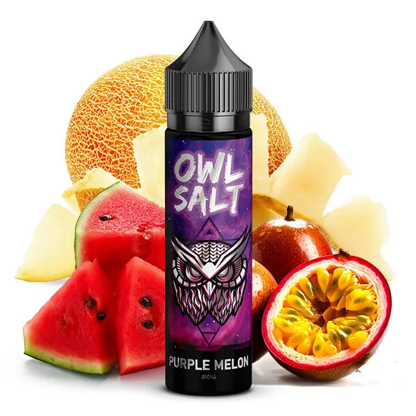 OWL Salt Purple Melon Longfill 60ml Flasche lila, umgeben von Melone, Wassermelone und Passionsfrucht
