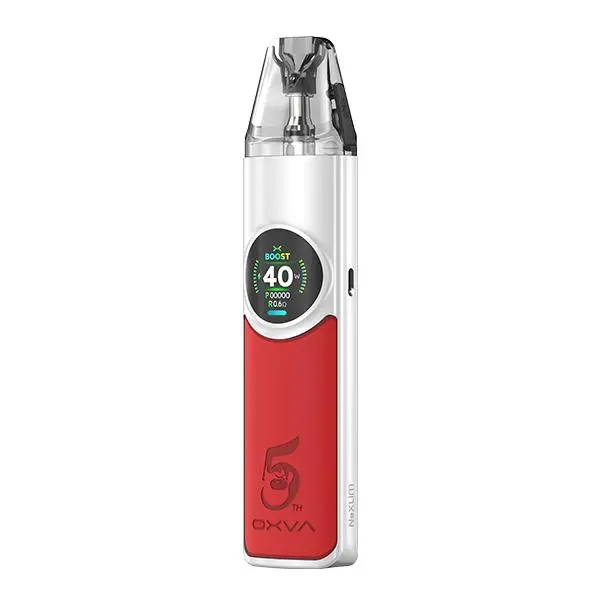 Oxva NeXlim Pod Kit in Rot-Weiß mit rundem Display und transparentem Pod, Frontansicht
