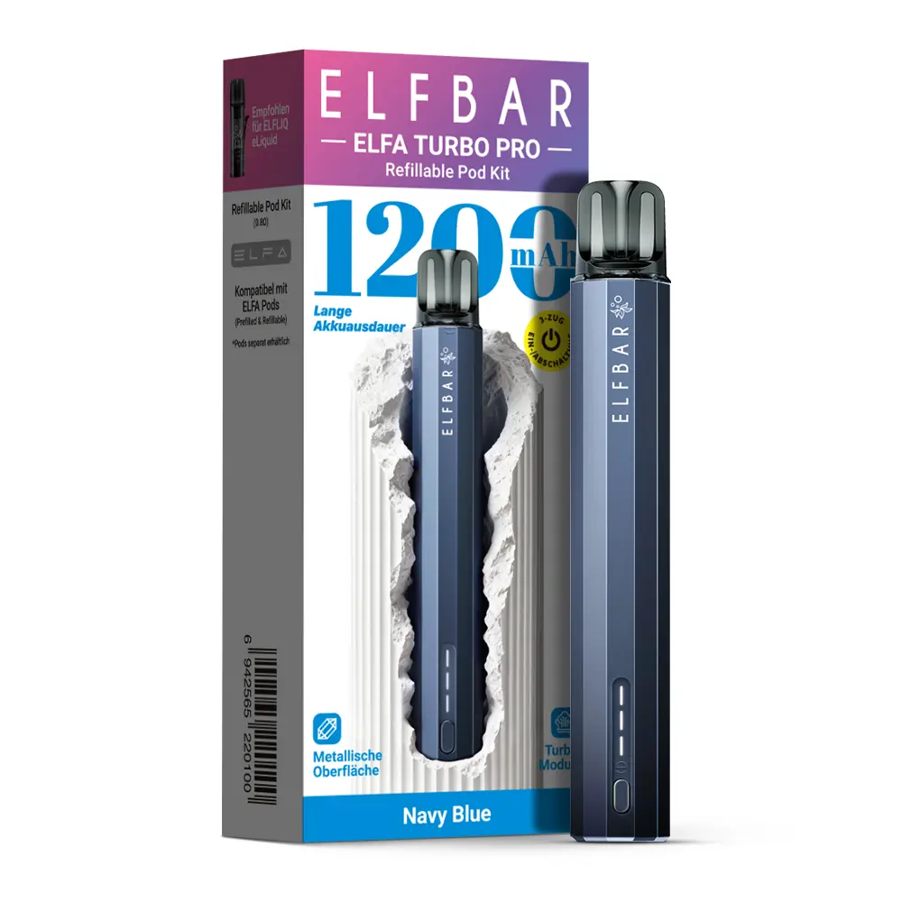 Elfbar Elfa Turbo Pro Refillable Pod Kit in Navy Blue mit Verpackungskarton, 1200 Puffs Angabe