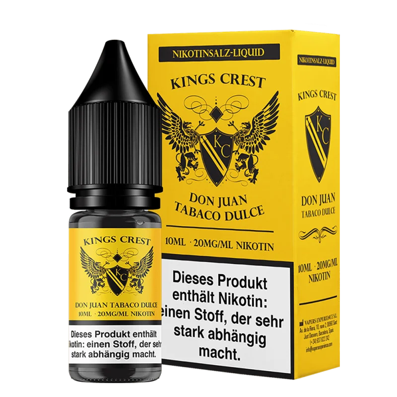 Kings Crest Don Juan Tobaco Dulce Nikotinsalz-Liquid 10ml – Flasche mit schwarzgelbem Etikett, Frontansicht